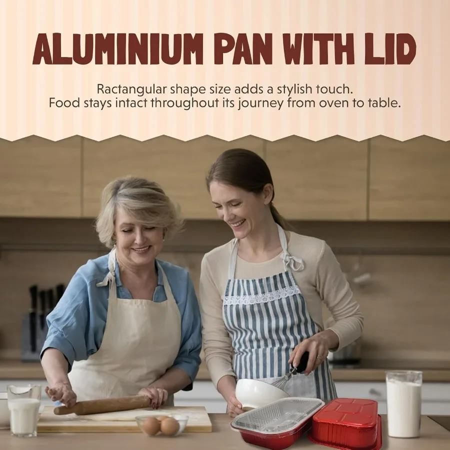مجموعة مقلاة خبز غير لاصقة ملونة من الألومنيوم للاستعمال مرة واحدة مع غطاء - مقالي كعكة ألومنيوم مستطيلة ثقيلة مقاس 8 × 5 بوصات لكل
