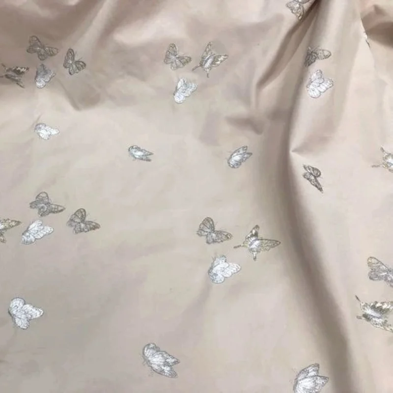 L100cm X W150cm Spring Autumn Beige Brocade Fabric Gold Silver Thread Butterfly Embroidery Fashion Dress DIY Home Craft Material