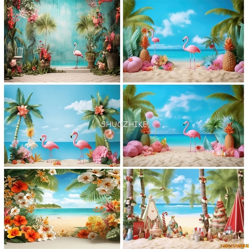 Tropical Holiday Flamingo Ocean Scenery Photography Backdrops Prop Palm-Trees Beach Touris Birthday Party Photo Background HN-01