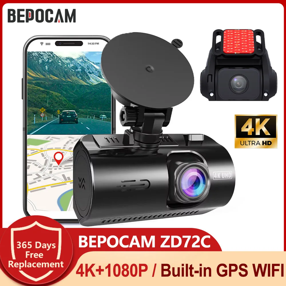 BEPOCAM 4K Dash Cam ZD72C Ultra HD Built-in GPS WIFI Auto Record 170FOV Motion Detection Car DVR With 1080P Rear Cam Dash Camera