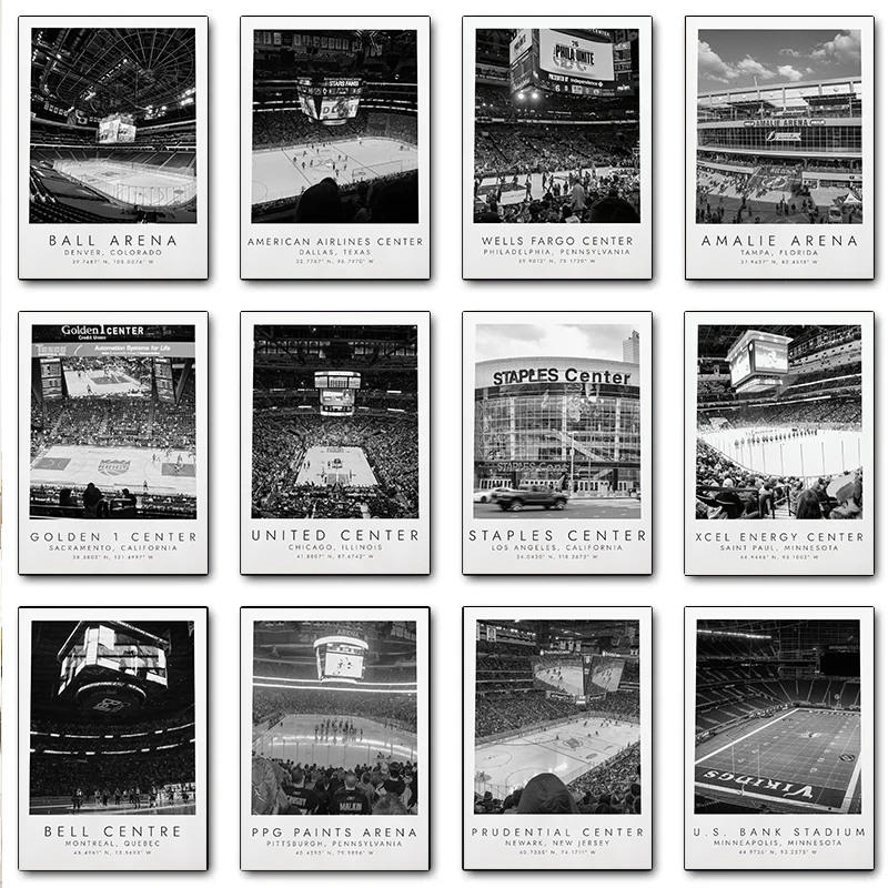 Black White World Famous Sports court United center Stadium Golden 1 center Stadium Posters Canvas Paintings Wall Art Home Decor