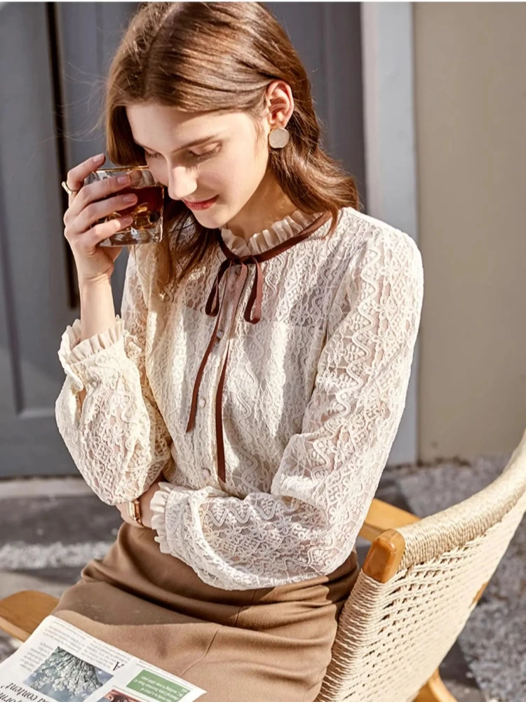 

OLrain Womens Casual Shirts 2025 Autumn Knitted Spliced Lace Up Bow Single Breasted Elegant Long Sleeve Blouses Lady M56QC36385