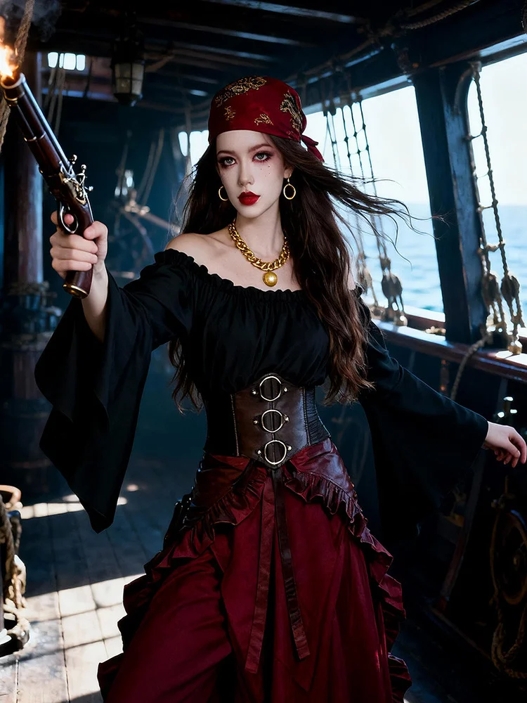 ชุดคอสเพลย์โจรสลัดยุคกลาง กระโปรงทรงบาน คาดเข็มขัดโลหะ แขนยาว สำหรับฮาโลวีน ชุดผู้หญิงสไตล์จีนดั้งเดิม...