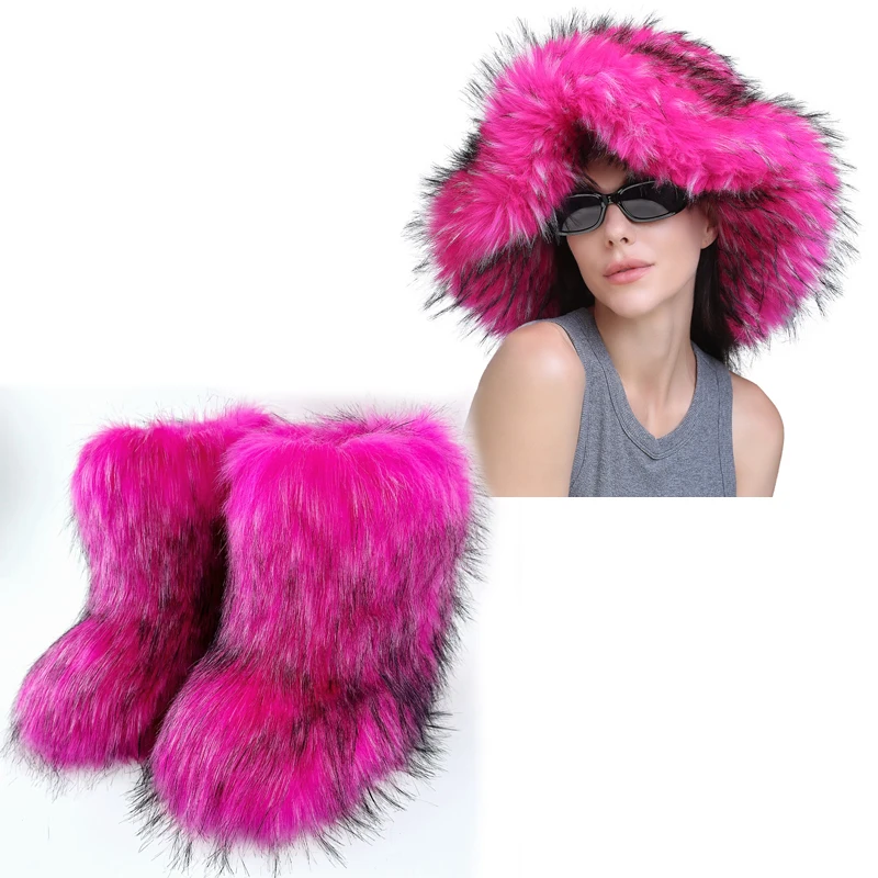 Female Winter Creative Fur Plush Snow Boots Long Tube Imitation Fox Fur Cotton Boots Women Colorful Fur Fisherman Hat Warm Set