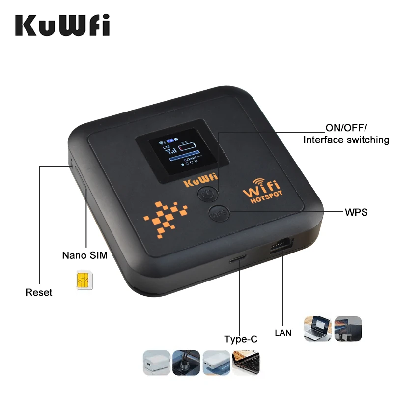 KuWFi 5400 mAh 4 g mobiler WLAN-Router Dualband AX1200 2,4 g 5,8 g Pocket Wifi Cat 12 eSim-Router mit SIM-Kartensteckplatz, unterstützt 32 Benutzer