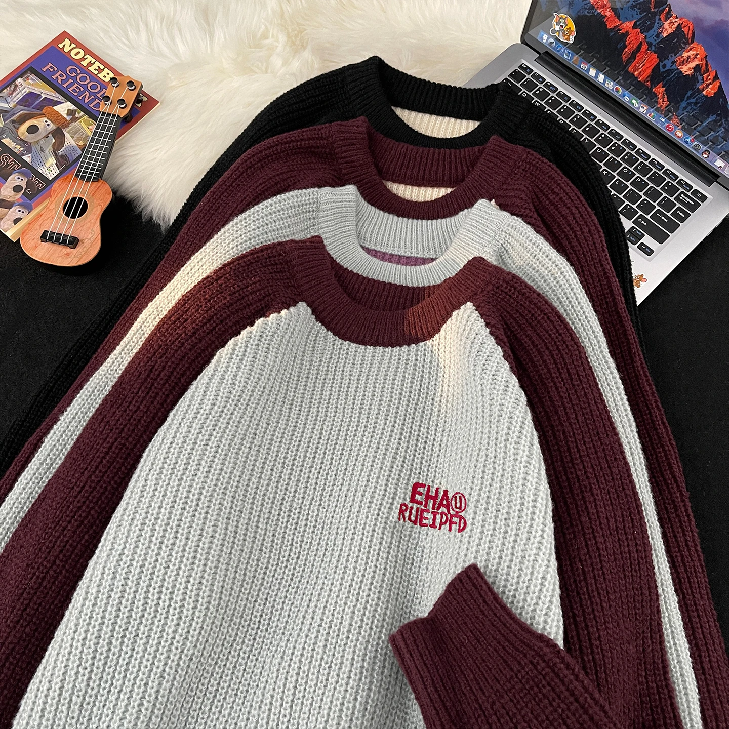 

Retro Color Blo round Ne Sweater Men's Embroidered Trendy Lazy Sle oulder Insert Sve Knitted Base Layer irt