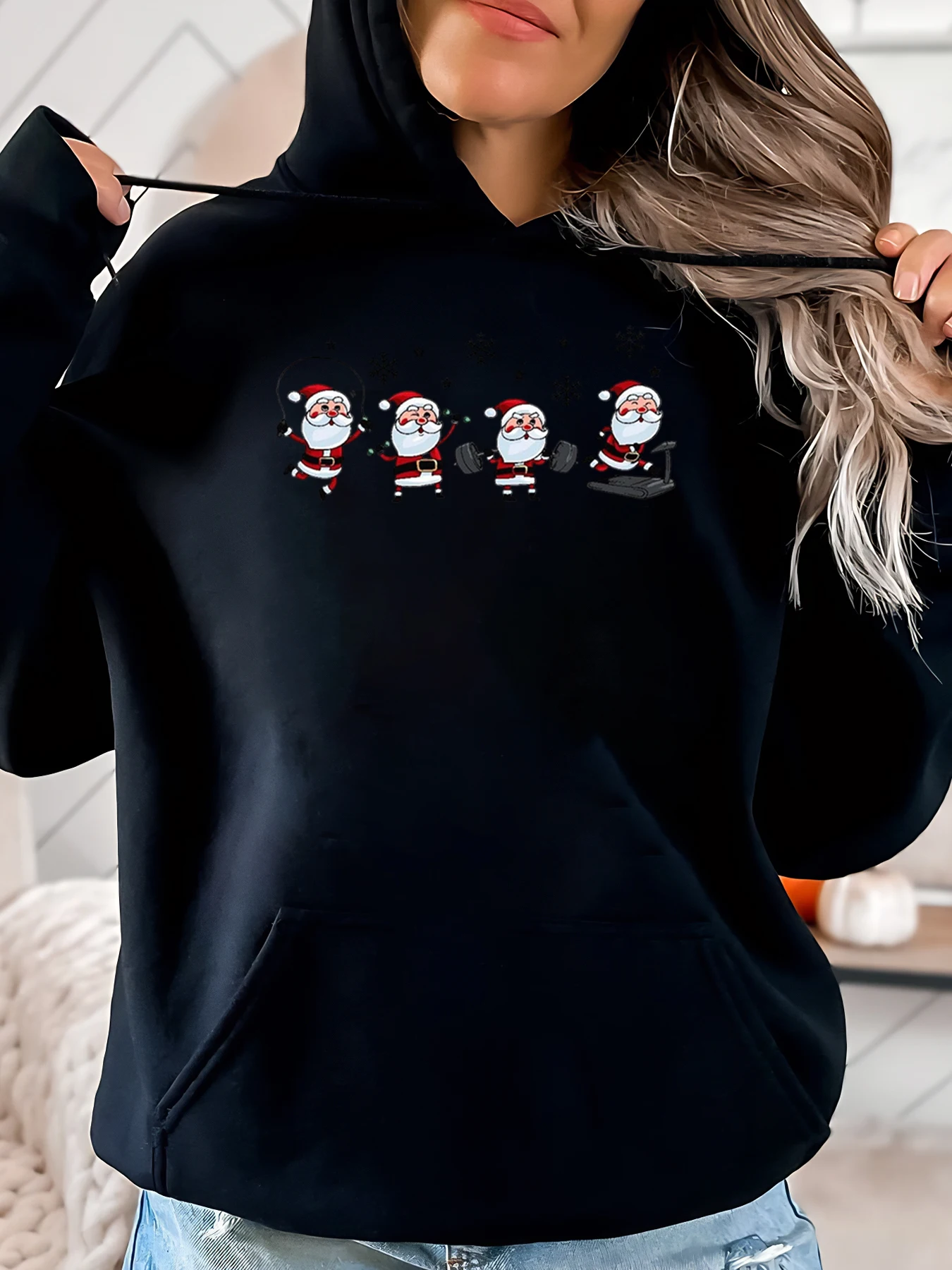 

Santa Claus Workout Print Christmas Hoodie Women Casual Holiday Wear Black Plus-Size