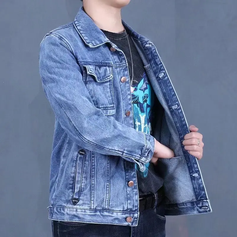 Loose Fit Men's Denim Jacket Autumn New Style Casual Workwear Coat Long Sleeve Turn-down Collar Jeans Top Trendy Youth Fashion