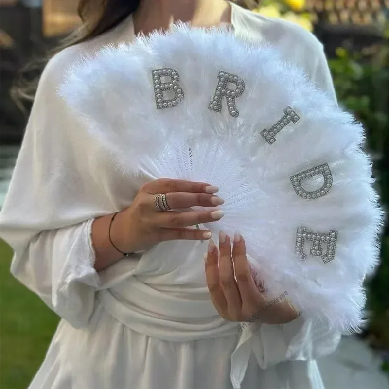 White Bridal Pearl Feather Hand Fan Bachelorette Hen Party Bride To Be Wedding Bridal Shower Decoration Photography Props