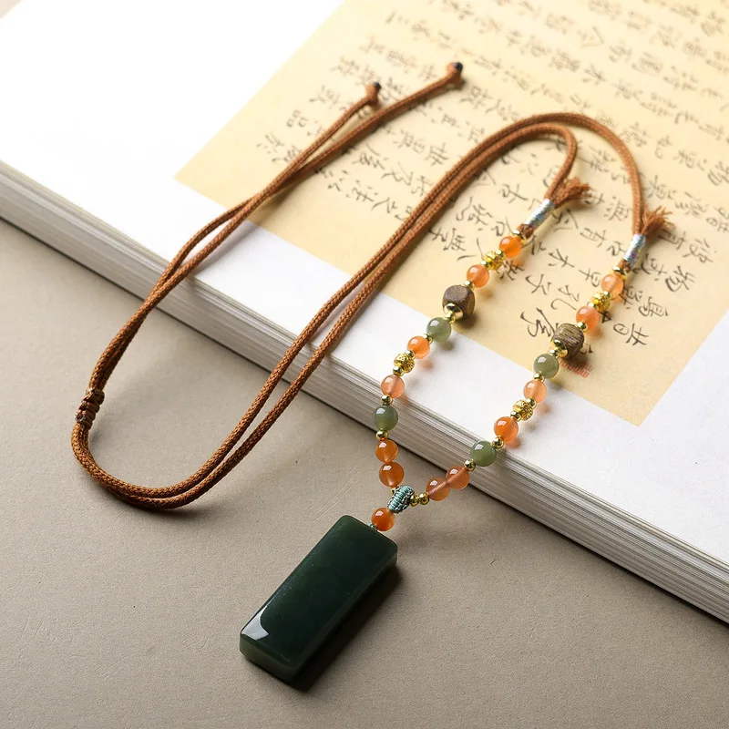 Hand-woven natural Hetian jade peace pendant necklace with South Red Agate beads a Zen-inspired new Chinese style sweater chain