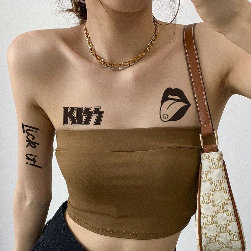 Edgy & Flirty Temporary Tattoo Set, Lasting Fake Tattoos, KISS Lips & Tongue Designs, Lick it!, WX-0034