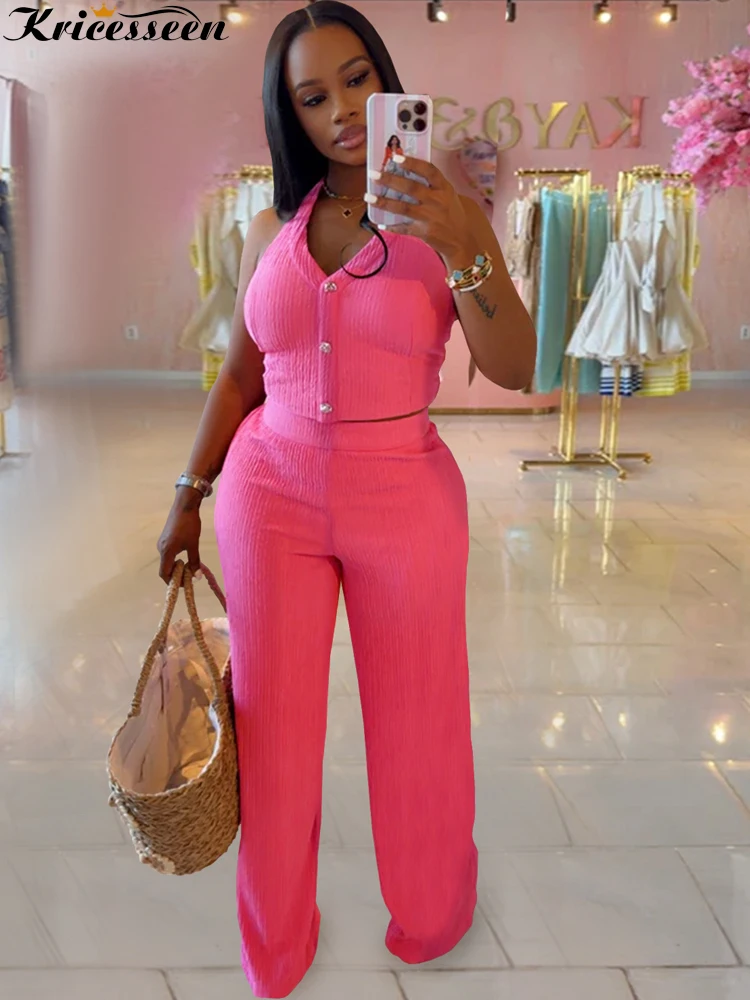 

Kricesseen Stylish Halter Neck Tie-Back Vest Top And Matching Pants Set 2 Piece Outfits Women Ruched Trousers Suits Set Clubwear