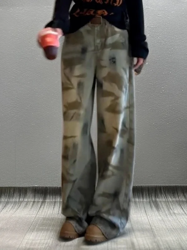

High Waist Wide Leg fiti Camouflage Jeans Floor-Length Slimming Women's Spring Faion Casual High-End Feeling Pants