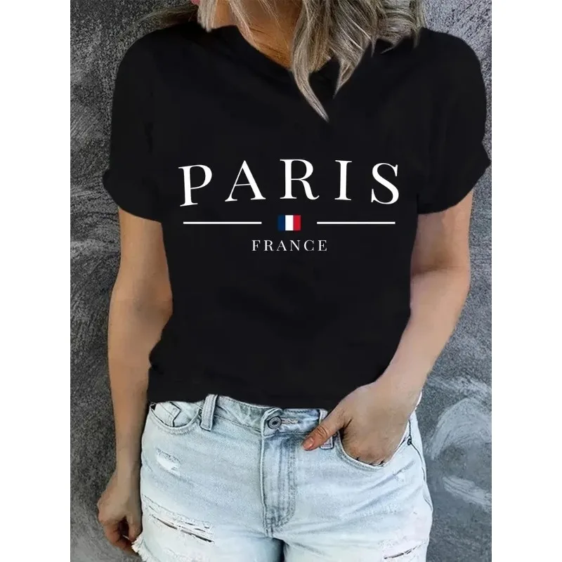

PARIS Print T-shirt Short Sleeve Crew Neck Casual Top For Summer Spring Women's Clothing y2k top women clothes graphic t shirts