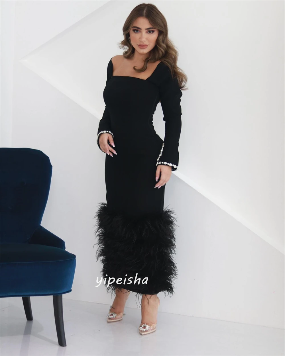 Vestido de fiesta personalizado Yipeisha, estilo moderno, noche Formal, cuello cuadrado, sirena, cuentas, plumas, vestidos para ocasiones a medida