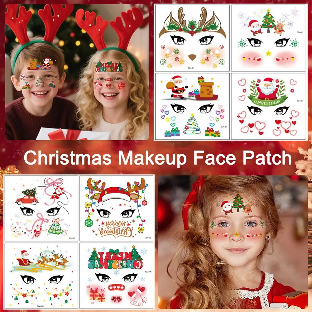 ملصقات وجه مكياج رائعة لعيد الميلاد - ملصقات وجه للأطفال (8 عبوات) لعيد الميلاد الكرتونية لعطلة جديدة J9O7 #3