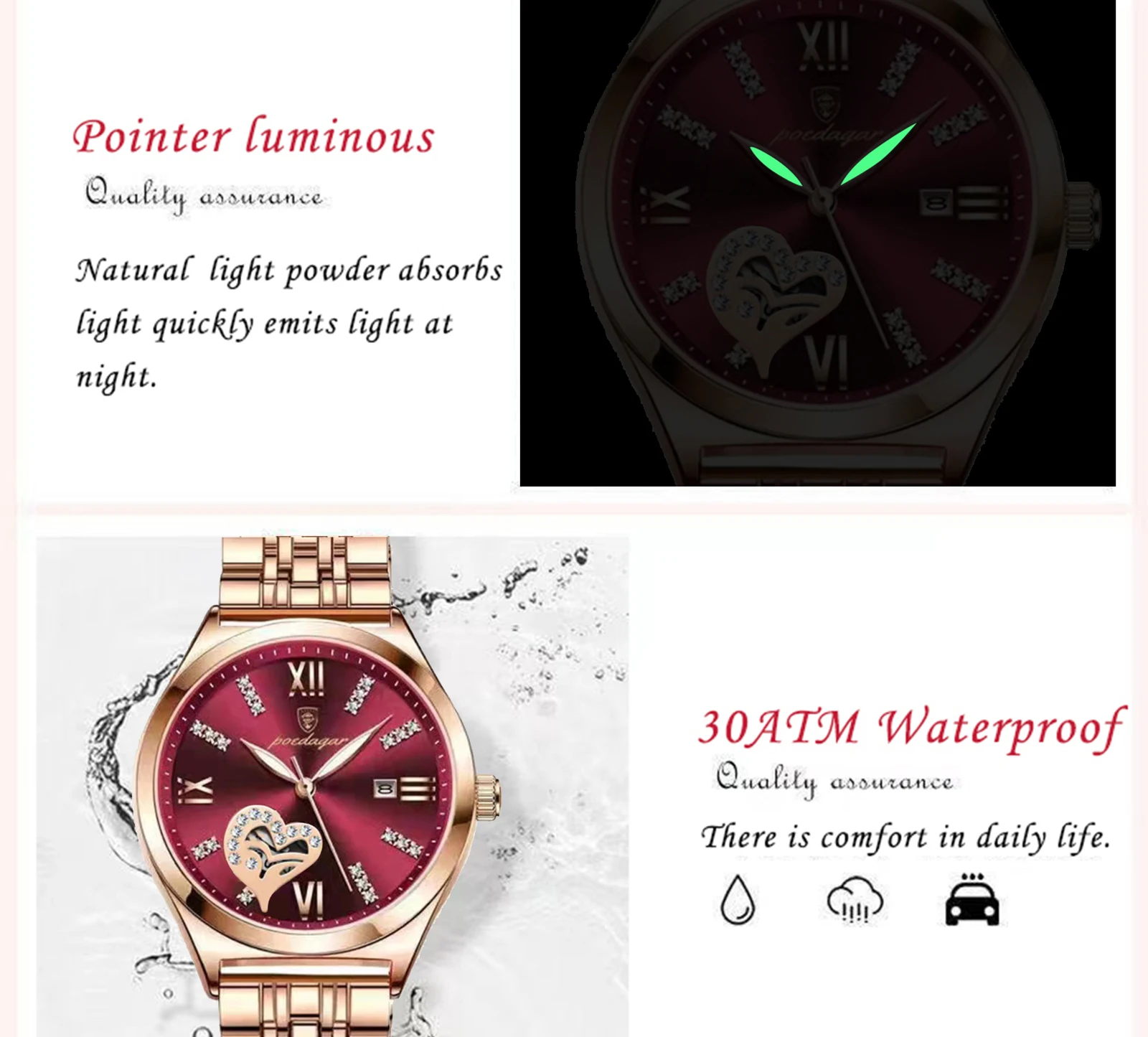 POEDAGAR Luxus Uhren Für Frauen Wasserdicht Leucht Datum Edelstahl Frau Uhr Elegante Mode Quarz Damen Armbanduhr – Detail 10