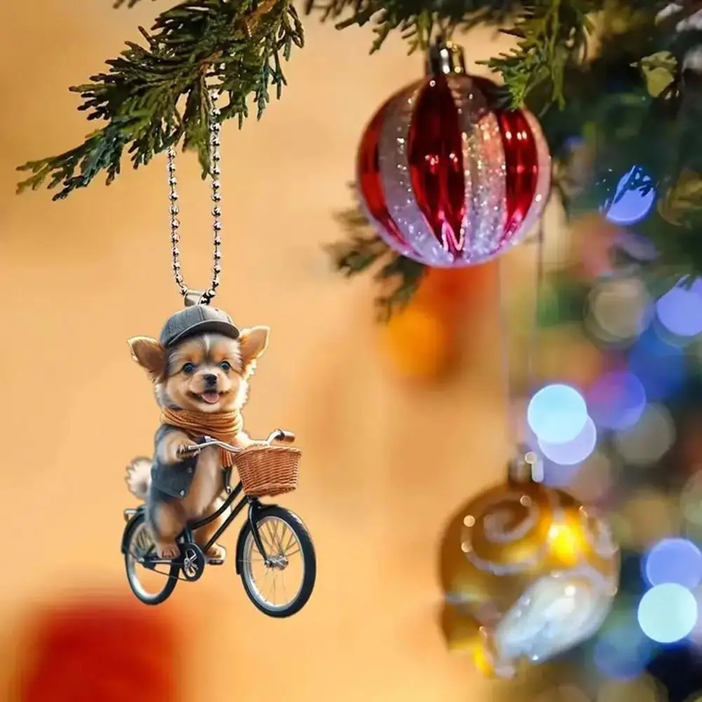 Lover Gift Puppy Pendant Necklace Puppy Riding Bicycle Christmas Tree Ornaments Double-printed Acrylic Hanging for Home