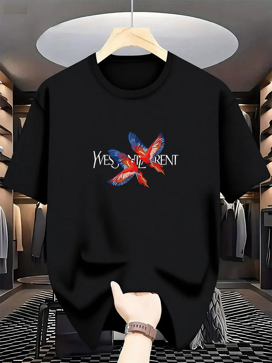 

2025 New Model Parrot-pattern Men's Fashionable International Brand Printed T-shirt, Round Neck, Pure Cotton, Casual Urban Trend