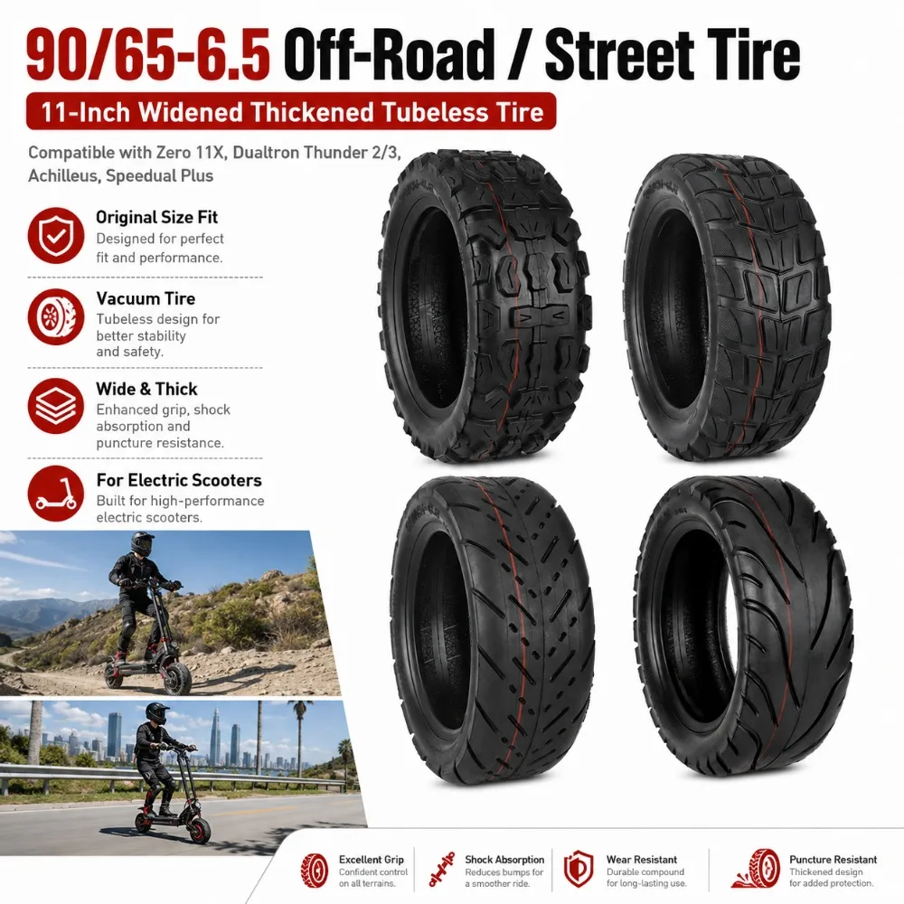 90/65‑6.5 11″ Widened Thickened Off-road tubeless tire OEM‑Size for Zero11X Dualtron Thunder2/3 Achilleus Speedual Plus Scooter