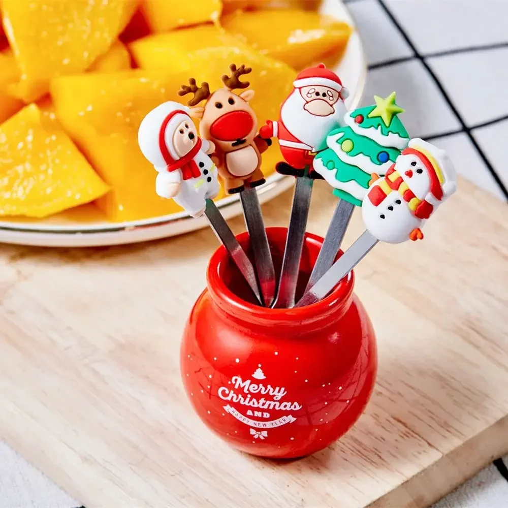 5pcs Christmas Theme Fruit Fork With Jar Stainless Steel Fruit Fork Set Salad Cutlery Kitchen Gadgets Feliz Navidad Kids Favors