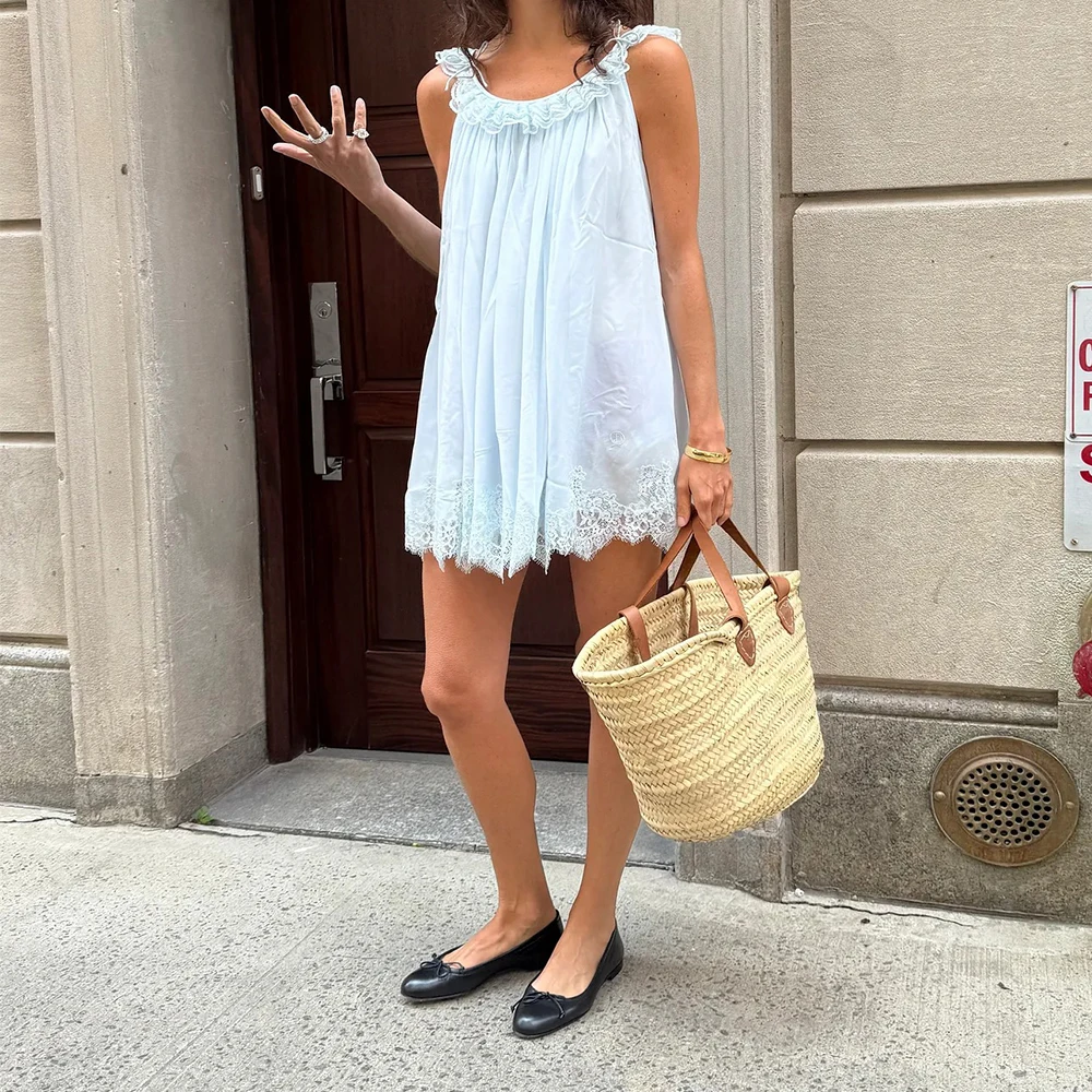 Women Summer Boho Cute Lace Trim Babydoll Mini Dress y2k Aesthetic Elegant Sleeveless Flowy Swing Going Out Beach Party Dress