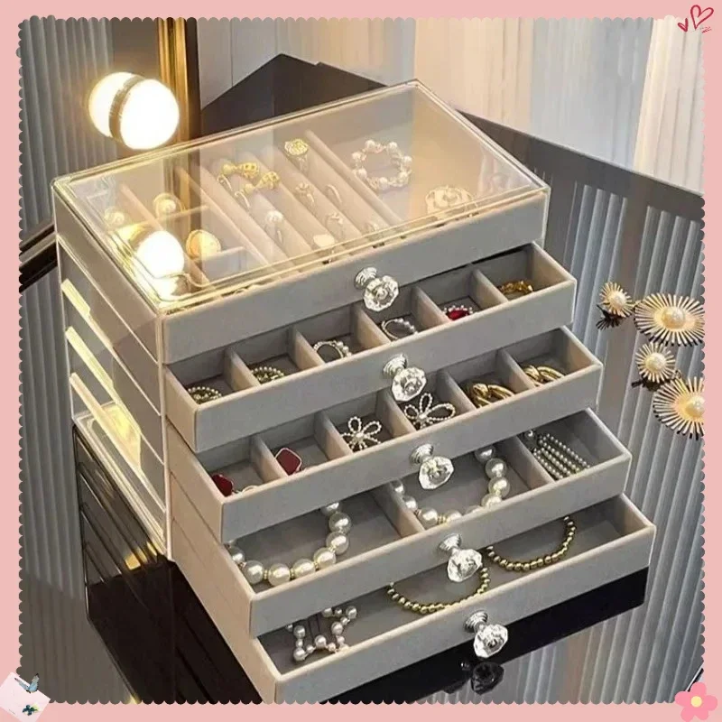 

New 5 Layers Exquisite Gray Jewelry Box Earrings Ring Drawer Type Storage Box Large Capacity Anti-oxidation Jewelry Box