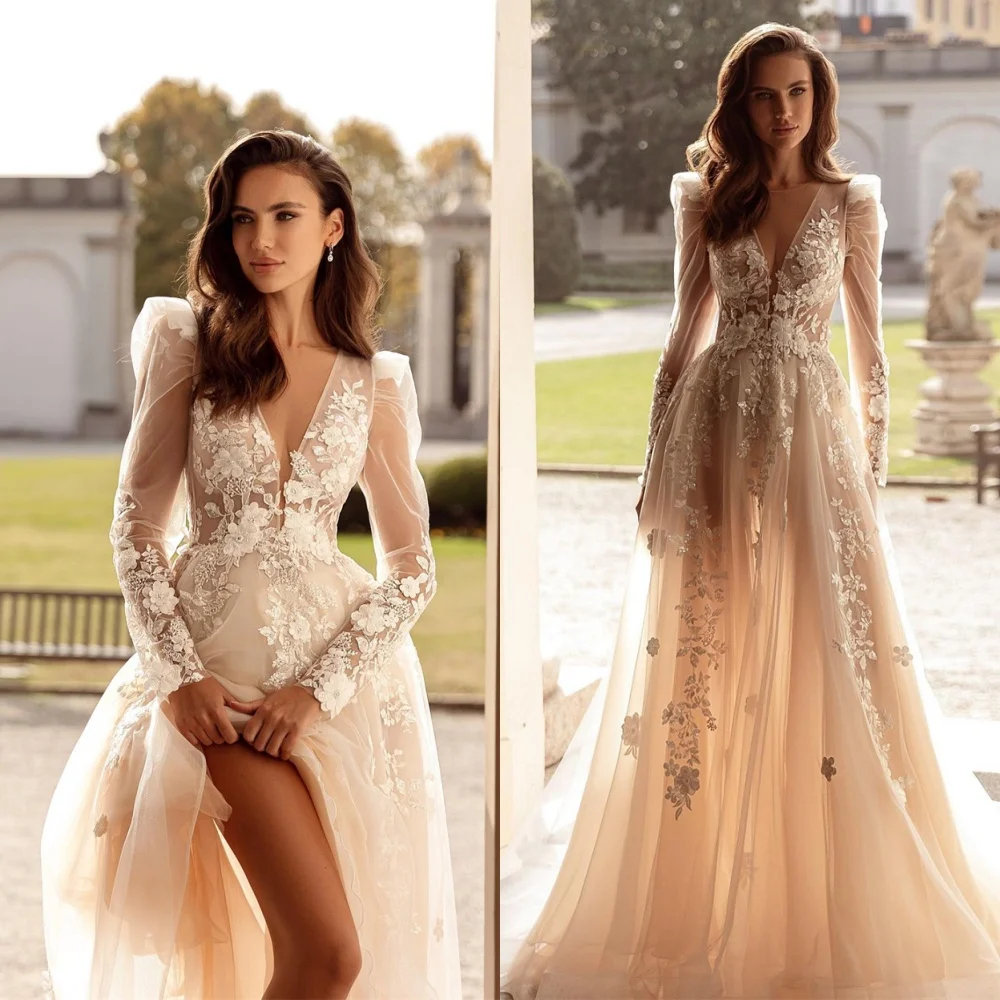

Customized Exquisite White Organza Wedding Dress Delicate V-neck Long Sleeves Bridal Party Classic Backless Vestido De Novia
