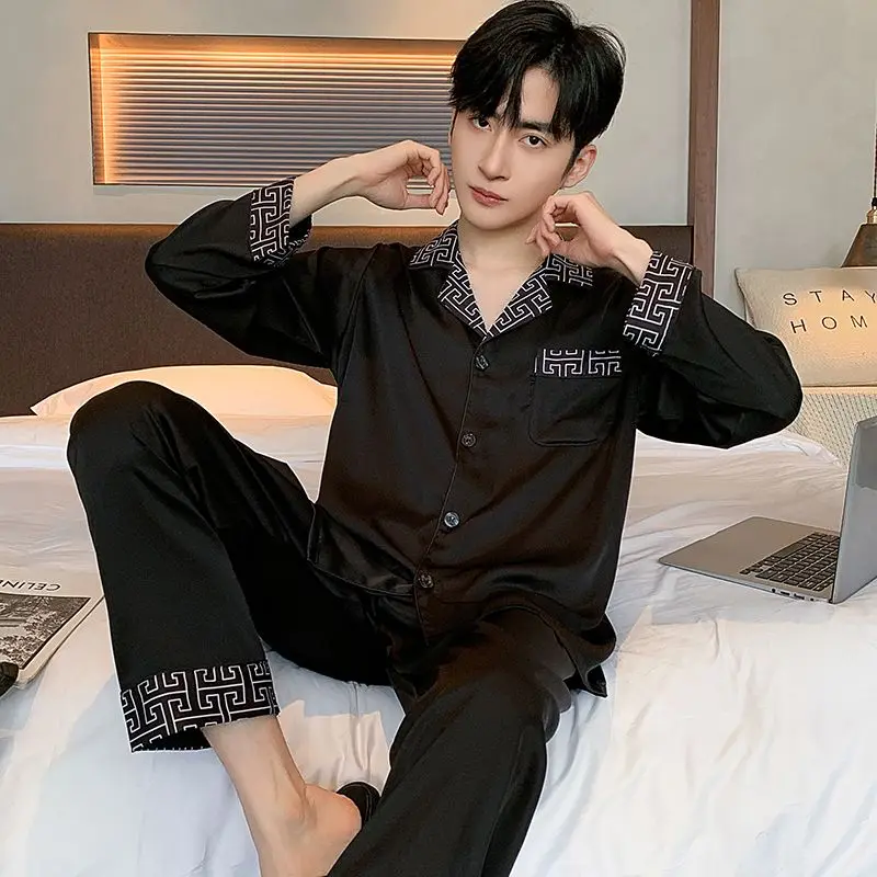 Ice Silk High-grade New Pajamas Youth Summer Thin Sleepwear Long Sleeve Spring Autumn Silk Nightgown Men Senior Homewear Suit