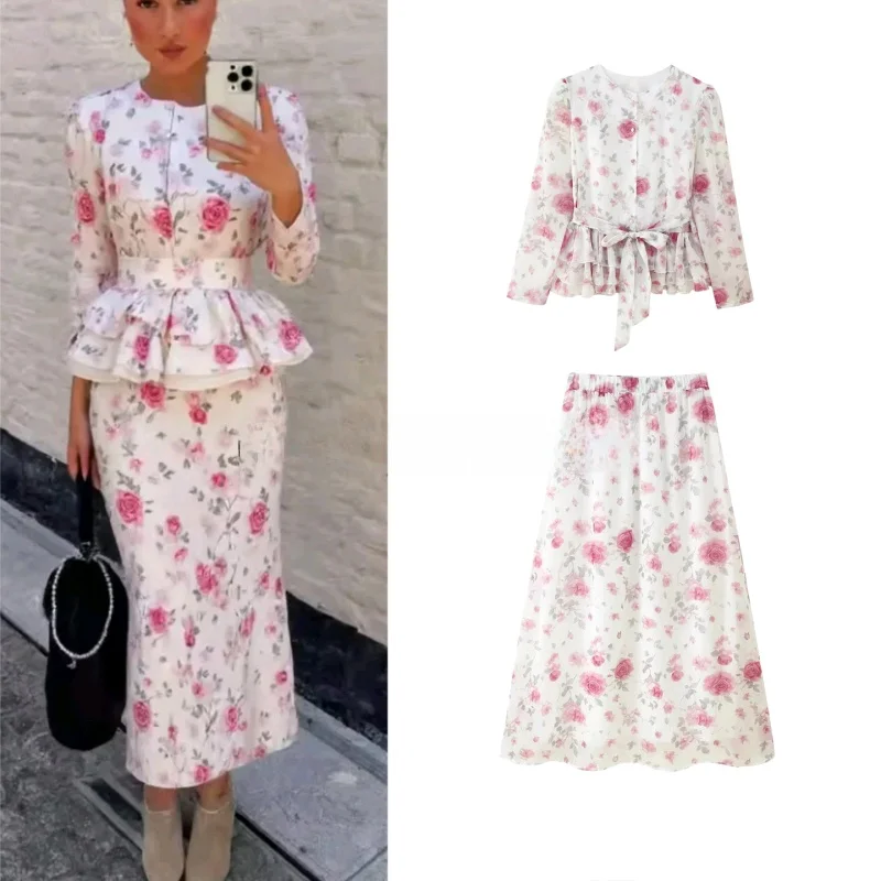Herbst Neue frauen Faion Gedruckt f Rock Set Lange Sve Schlank Layered Taille-Cinching Top Und Rock Zwei-stück Ensemble