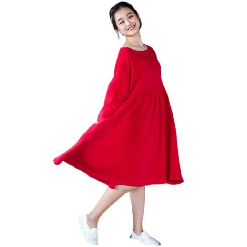 

Casual Solid Spring Autumn Dress 2024 Women Elegant Loose Full Sleeve Dress Cotton Linen dress Vestidos -