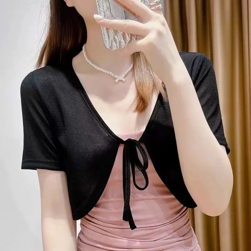 Women's cardigan short sleeve vest, solid color short sleeve cardigan, Korean fashion, knitted shoulder reduction, summer wear,