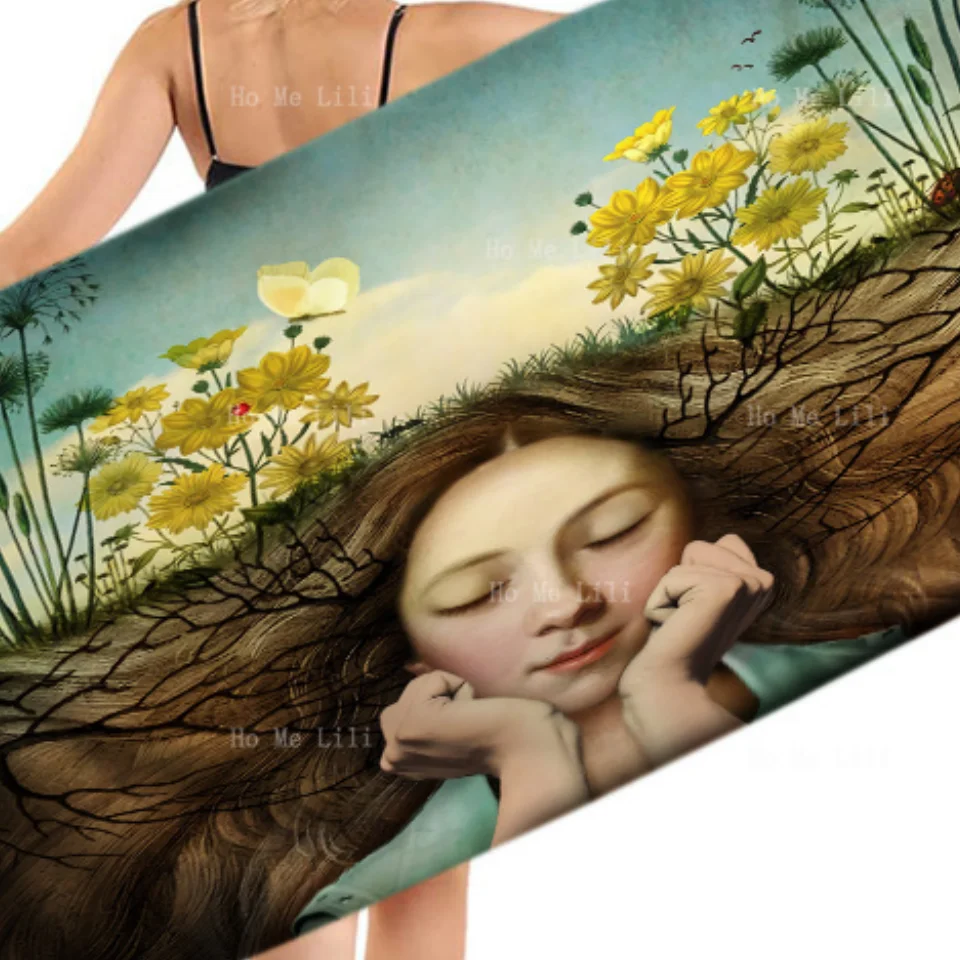 A Girl Rests Face On Hands And Her Hair Stretches Out Over A Blooming Garden Quick Drying Towel By Ho Me Lili Fit For Yoga