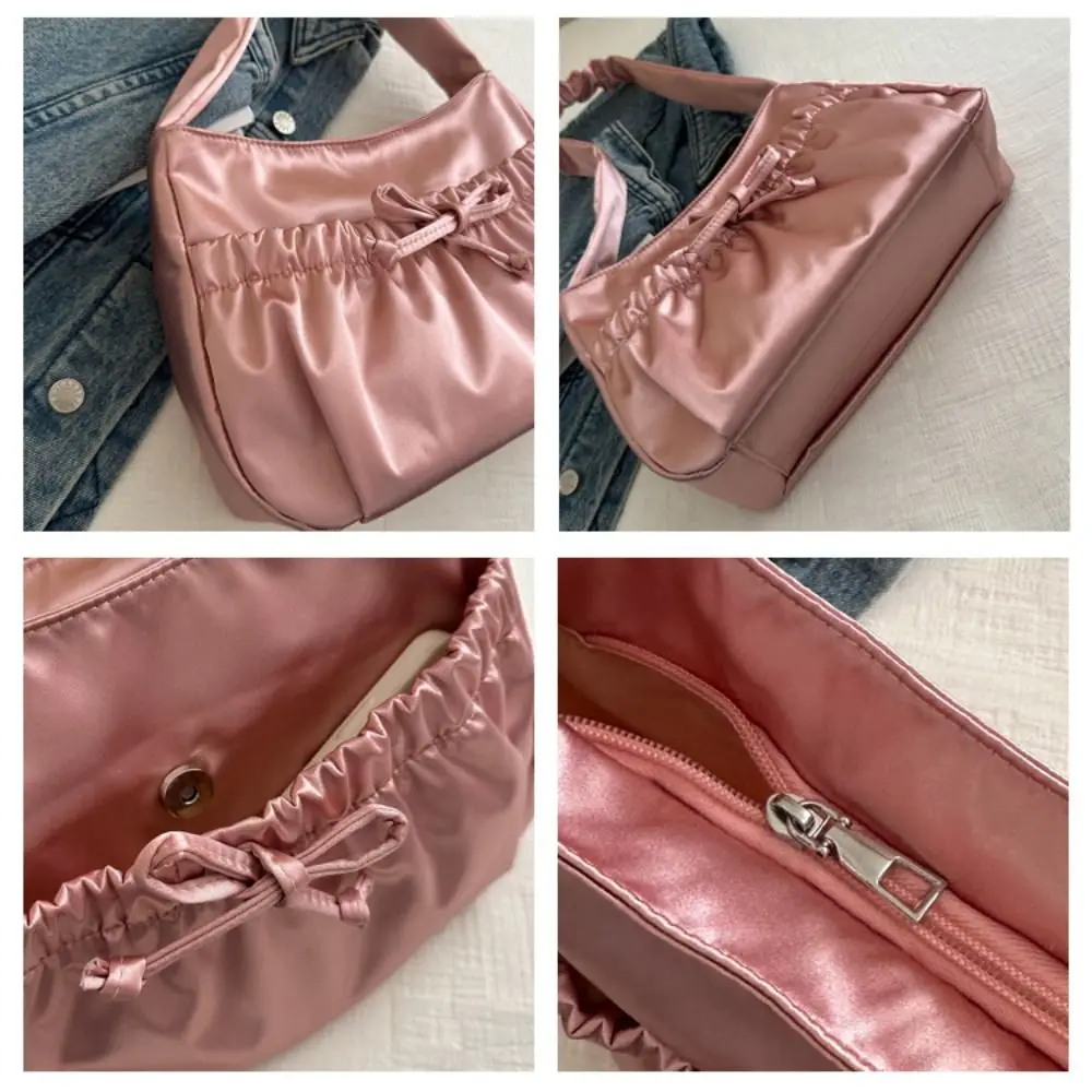 Satin Pleated Hand Bag Simple Bow Portable Fashion Underarm Bag Luxury Korean Style INS Shoulder Bag Storage Bag