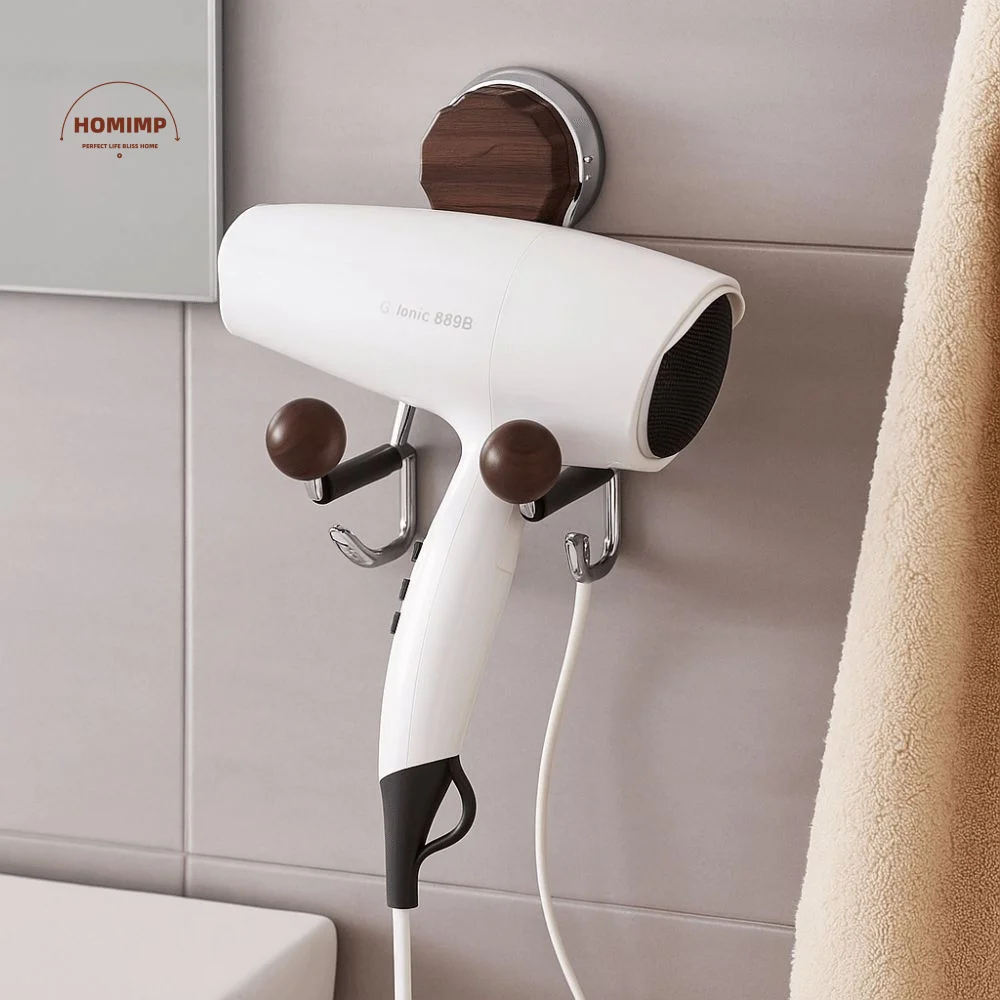 

Wall Mounted Hair Dryer Rack Suction Cup Style Adjustable Stainless Steel Storage Rack Wood-Look Space Saving