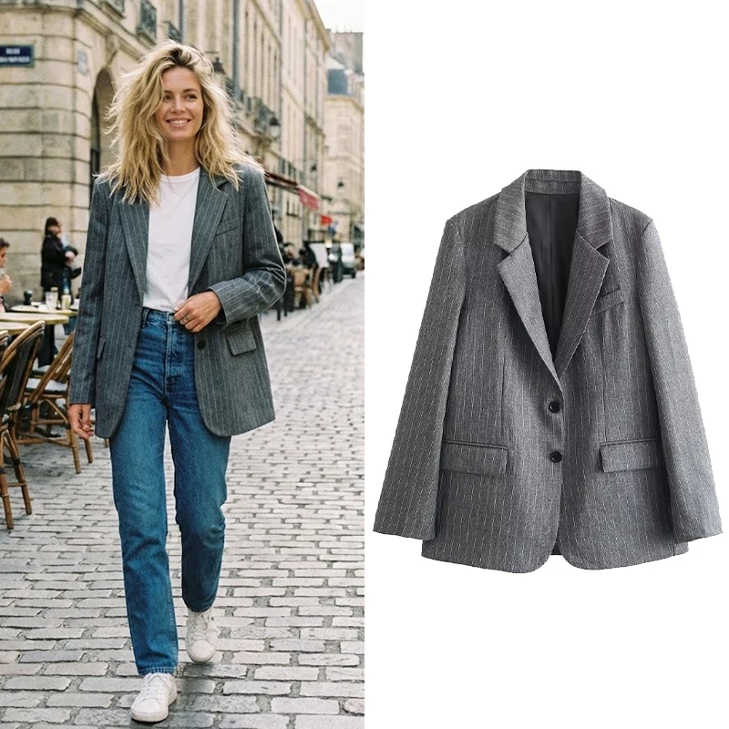 Willshela Women Fashion With Pockets Striped Single Breasted Blazer Vintage Notched Neck Long Sleeves Female Chic Lady Outfits