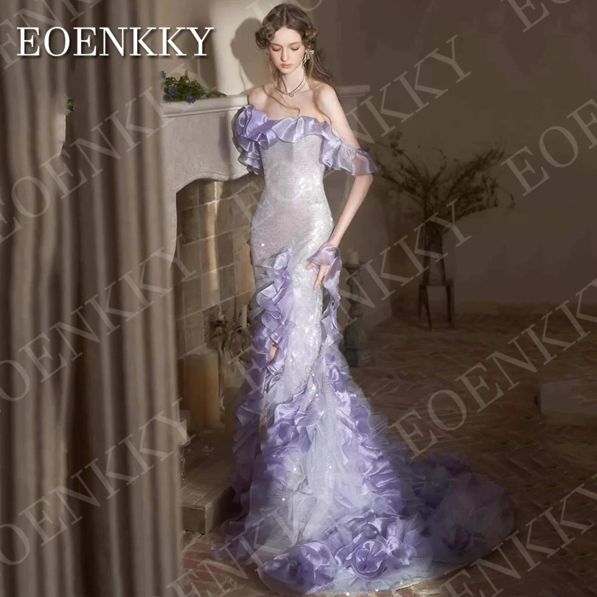 فساتين سهرة لامعة من EOENKKY فستان رائع للحفلات الراقصة ترتر أرجواني مكشوف الأكتاف وكشكشة حورية البحر فستان حفلات مخصص من فساتين المساء المتلمعة فستان حفل حفل رائع باكين اللون البنفسجي قبالة الكتف الرافعات حورة البحر ف