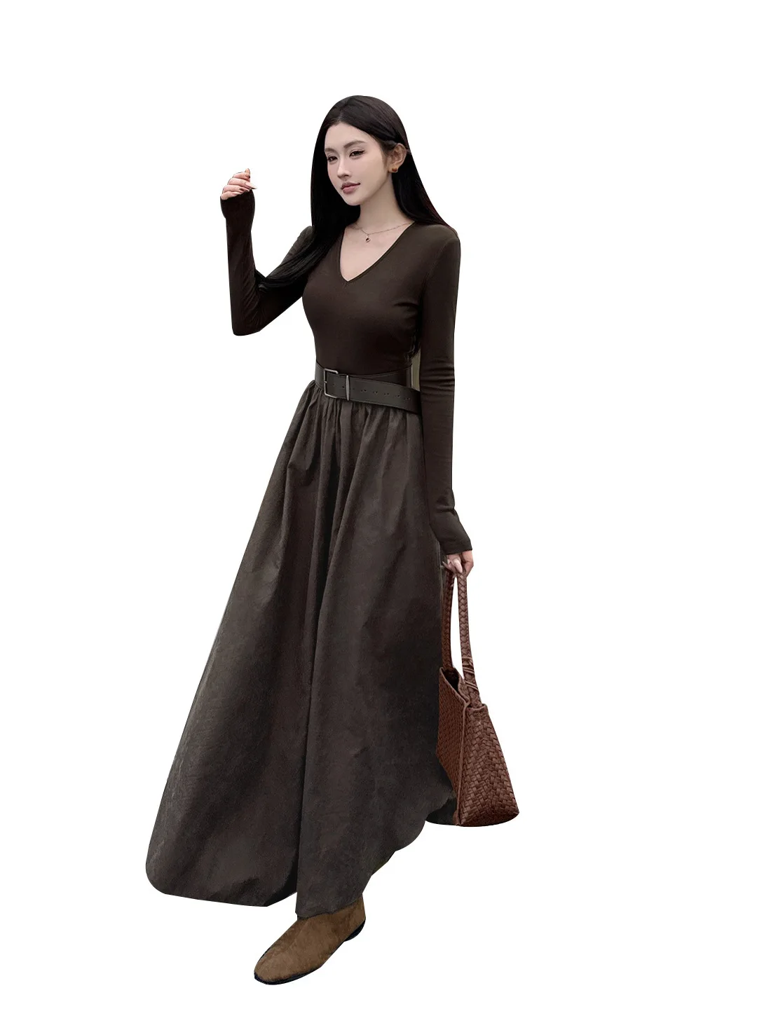 Feminino com decote em v café marrom vestido de manga longa cinto francês hepburn casual a linha vestidos na moda camada interna casacos de inverno