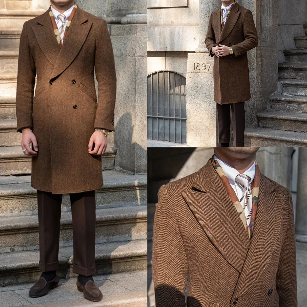 Formal Brown Men's Long Coat Double Breasted Business Classic Fit One Piece Customized Jacket Windproof