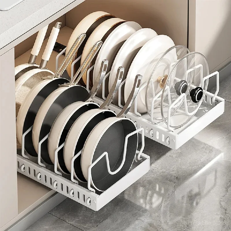 Pull Out Kitchen Cookware Storage Tray, Under Cabinet Sliding Pan Organizer with 8 Adjustable Dividers for Pot Lids