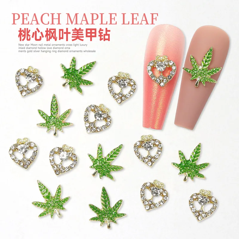 10pcs/bag Cute Nail Art Diamond Green Maple Leaf Heart-shaped Nail Paste Alloy Love Nail Ornament Diy Phone Case Parts