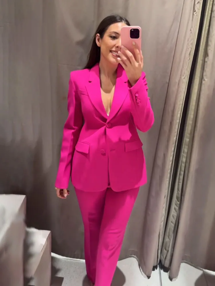 HH Spring Women Casual Suit Turn-Down Collar Blazer Long Sleeve Single-Breasted Top+Solid Midi Waist Zipper Flared Pants Set