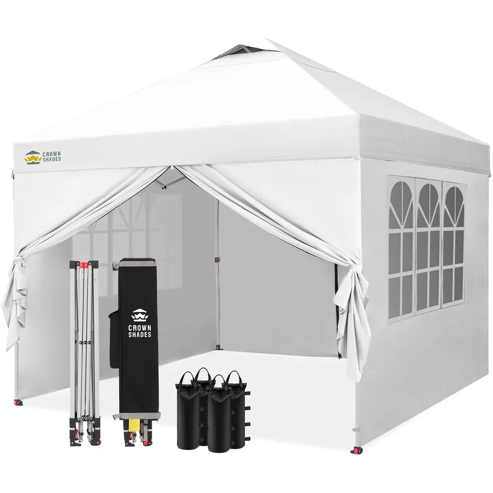 10X10 Up Outdoor Camping Tent White | One Push Setup, 150D Silver-Coated Fabric, STO-N-GO Bag, Metal E, with 4 Sand Bags