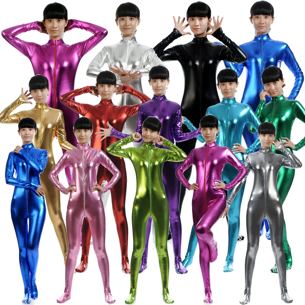 

Ladies Tight Fitting Glue Leather One-Piece Suit Stage Performance Outfit Zentai Large Size Metal Color Zipper Overall Long P...