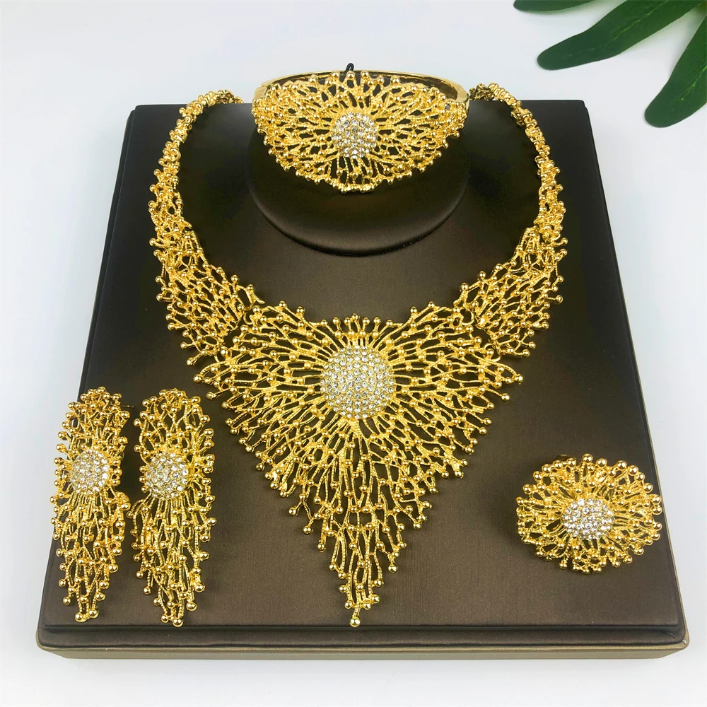 High Quality 18K Gold Plated Jewelry Sets For Women Luxury Design Necklace Earrings Bracelet And Ring Full Set Jewelry Trending