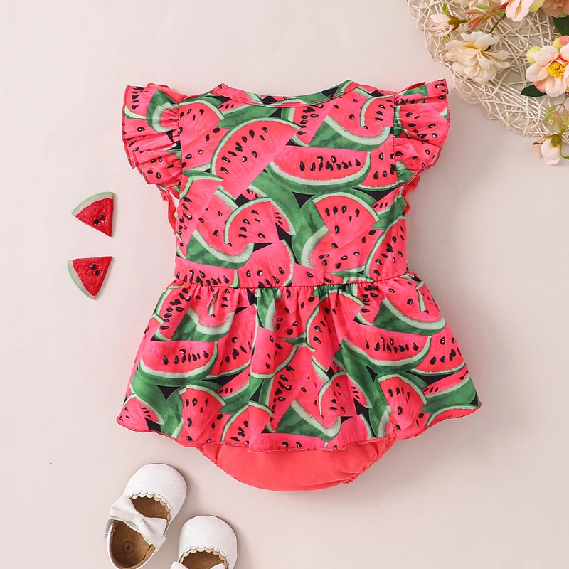 

Baby Girl Romper Dress Ruffle Sleeveless Round Neck Watermelon Print Bodysuit Newborn Clothes