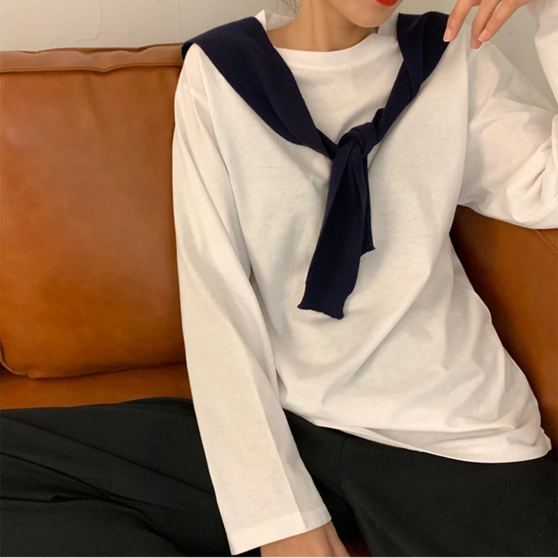 White Bottom Shirt for Women Spring Autumn 2023 Korean Style Solid Student Long Sleeve Tops Oversized T Shirt Fashion Streetwear