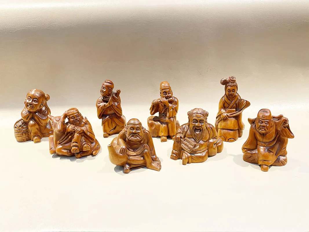 

Q5036 - 2 " Hand Carved Japanese Boxwood Netsuke Figurine - Set of 8 Immortals