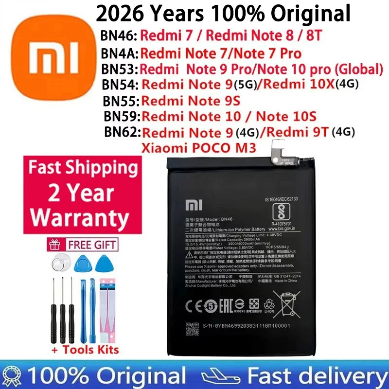100% Original BN46 BN4A BN53 BN54 BN55 BN59 BN62 Battery For Xiaomi Redmi 7 9T 10X POCO M3 Note 7 8 8T 9 9S 10 10S pro Batteries