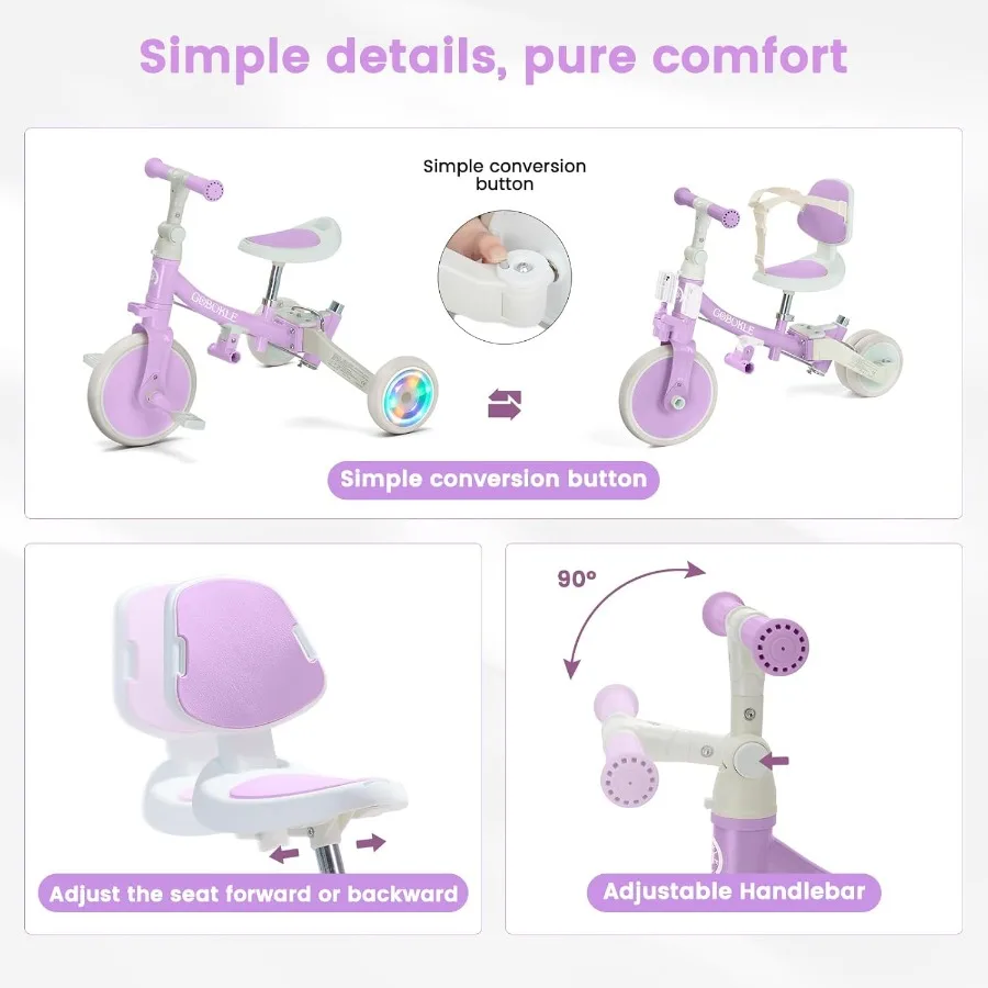 รถสามล้อเด็ก 5-in-1 สำหรับเด็กวัย 1-3 ปี แปลงเป็นจักรยานเด็กพร้อมที่จับสำหรับเข็นและแป้นเหยียบถอดได้ จักรยานทรงตัวพร้อมไฟหลากสี